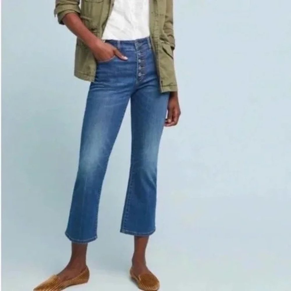 Anthropologie Blue Button-Front Cropped Flare Jeans
